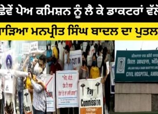 ਛੇਵੇਂ ਪੇਅ ਕਮਿਸ਼ਨ ਨੂੰ ਲੈ ਕੇ ਡਾਕਟਰਾਂ ਵੱਲੋਂ ਸਾੜਿਆ ਮਨਪ੍ਰੀਤ ਸਿੰਘ ਬਾਦਲ ਦਾ ਪੁਤਲਾ