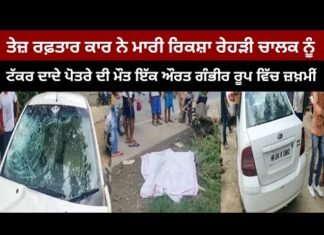 ਤੇਜ਼ ਰਫ਼ਤਾਰ ਕਾਰ ਨੇ ਮਾਰੀ ਰਿਕਸ਼ਾ ਰੇਹੜੀ ਚਾਲਕ ਨੂੰ ਟੱਕਰ ਦਾਦੇ ਪੋਤਰੇ ਦੀ ਮੌਤ ਇੱਕ ਔਰਤ ਗੰਭੀਰ ਰੂਪ ਵਿੱਚ ਜ਼ਖ਼ਮੀਂ