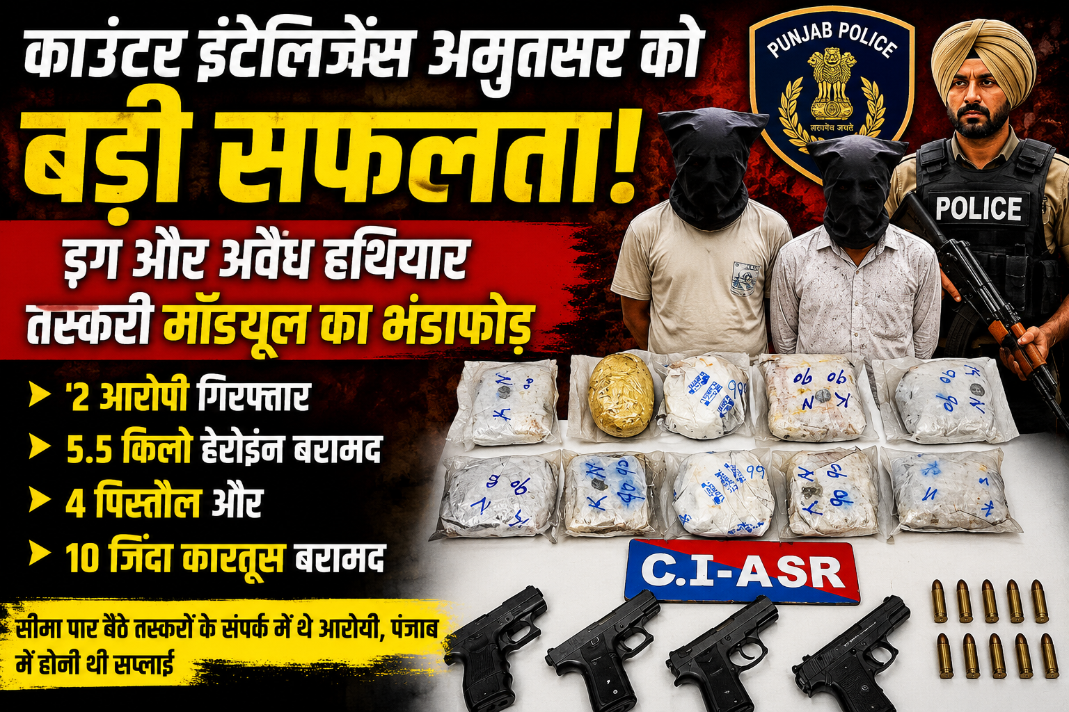 काउंटर इंटेलिजेंस अमृतसर को बड़ी सफलता, ड्रग और अवैध हथियार तस्करी मॉड्यूल का भंडाफोड़