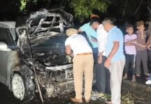 जंडियाला गुरु नेशनल हाईवे पर खड़ी कार में लगी भीषण आग, बाल-बाल बची 4 लोगों की जान
