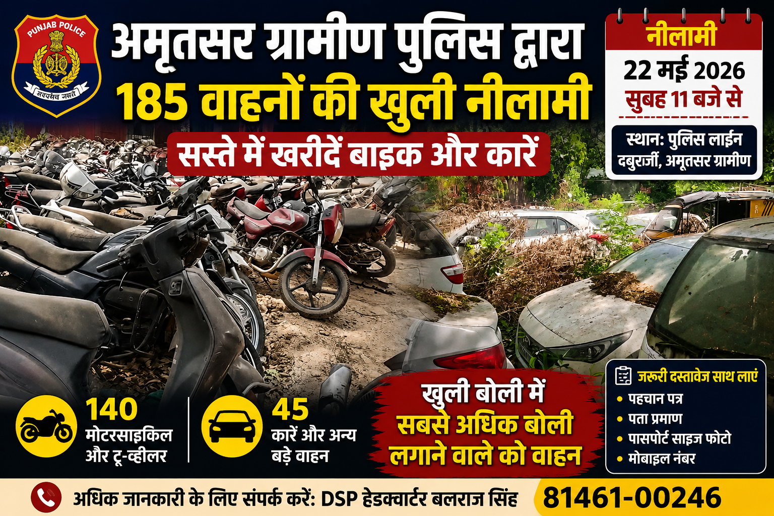 अमृतसर ग्रामीण पुलिस कल करेगी 185 वाहनों की खुली नीलामी, सस्ते में खरीदें बाइक और कारें