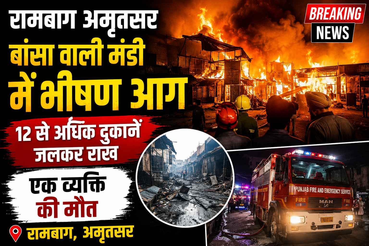 रामबाग अमृतसर की बांसा वाली मंडी में भीषण आग, 12 दुकानें जलकर राख, एक व्यक्ति की मौत